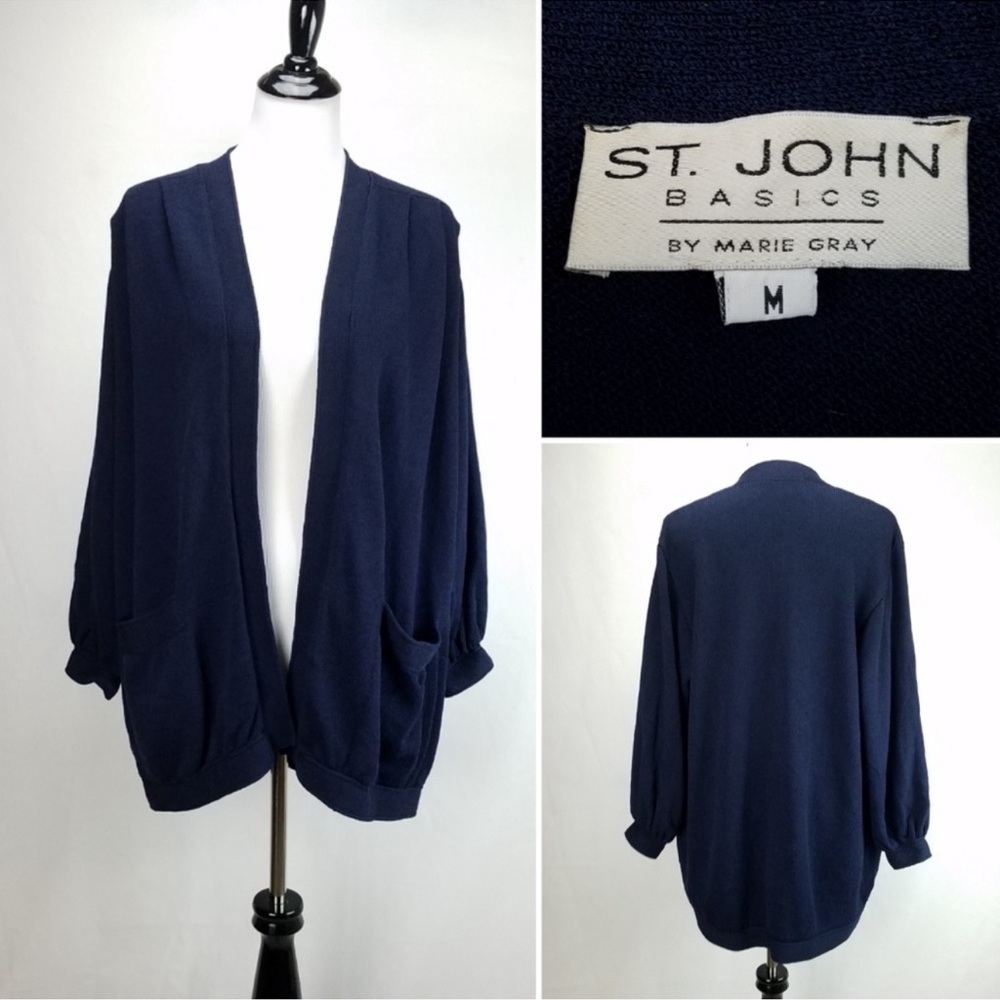 ST JOHN BASICS Navy Pocket Cardigan Career Staple ❤️ F1 (at cleaners)